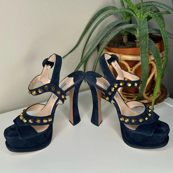 PRADA Navy Blue Suede Gold Stud Platform Sandals Heels 37.5 Italy - Picture 3 of 13